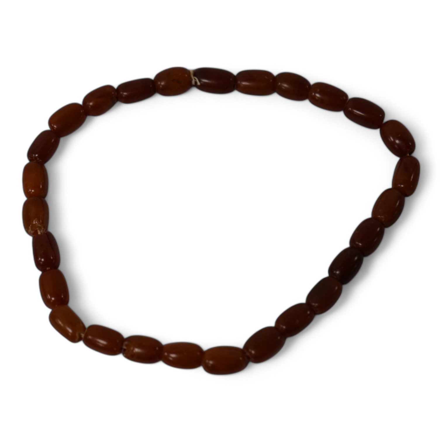 A single strand amber bead necklace, 34cm, gross weight 20 grams. Condition - poor to fair